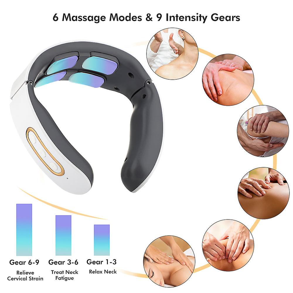 Electric Neck Massager EMS Pulse Rechargeable USB Cervical Traction Therapy Massage Stimulator Pain Relief Heating Function