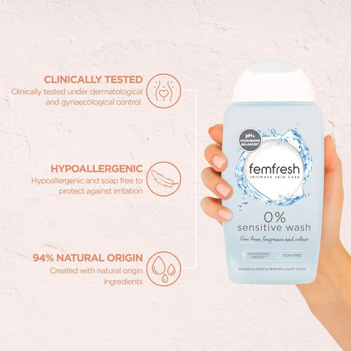 Femfresh Intimate Skin Care 0% Wash, 0% Fragrance, 0% Soap, 94% Natural Origin Ingredients, Vegan Friendly, Made with Lotus Flower Extracts, pH & Microbiome Balanced, 250ml cart saudia